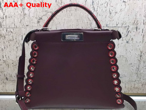 Fendi Peekaboo Regular Handbag in Burgundy Calf Leather with Python Handle and Grommets Replica