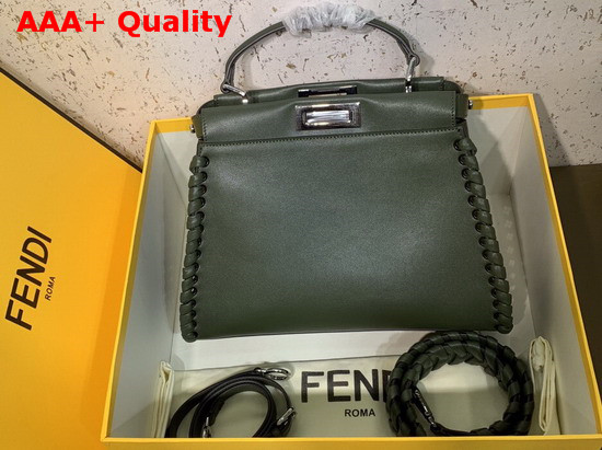 Fendi Peekaboo Regular Handbag in Green Calfskin with a Tone on Tone Weave Along the Edges Replica