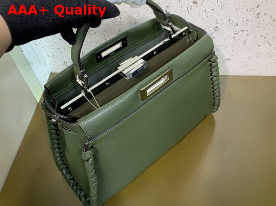 Fendi Peekaboo Regular Handbag in Green Calfskin with a Tone on Tone Weave Along the Edges Replica