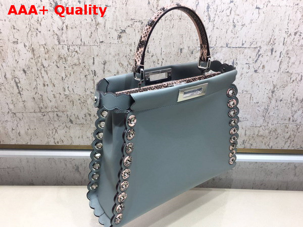 Fendi Peekaboo Regular Handbag in Light Blue Calf Leather with Python Handle and Grommets Replica