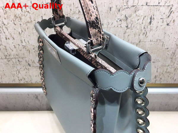 Fendi Peekaboo Regular Handbag in Light Blue Calf Leather with Python Handle and Grommets Replica