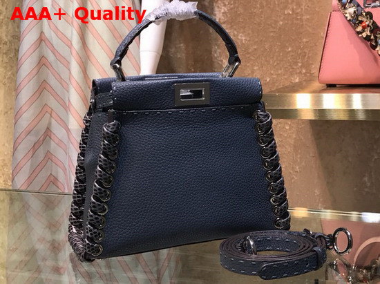 Fendi Peekaboo Regular Handbag in Light Blue Roman Leather with Hand Sewn Stitches and Elaphe Weave Along The Edges Replica