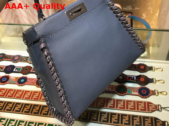 Fendi Peekaboo Regular Handbag in Light Blue Roman Leather with Hand Sewn Stitches and Elaphe Weave Along The Edges Replica