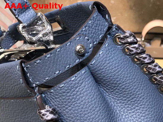 Fendi Peekaboo Regular Handbag in Light Blue Roman Leather with Hand Sewn Stitches and Elaphe Weave Along The Edges Replica