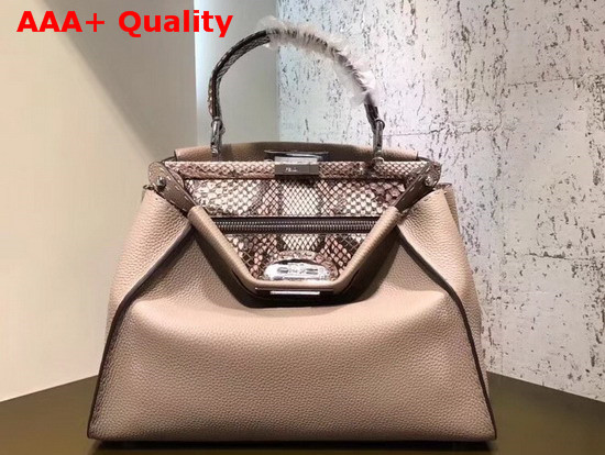 Fendi Peekaboo Regular Handbag in Light Grey Grained Calfskin and Snakeskin Replica