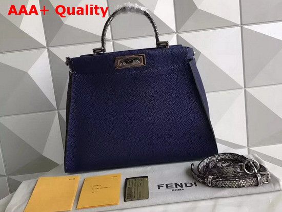 Fendi Peekaboo Regular Handbag in Navy Blue Grained Calfskin and Snakeskin Replica