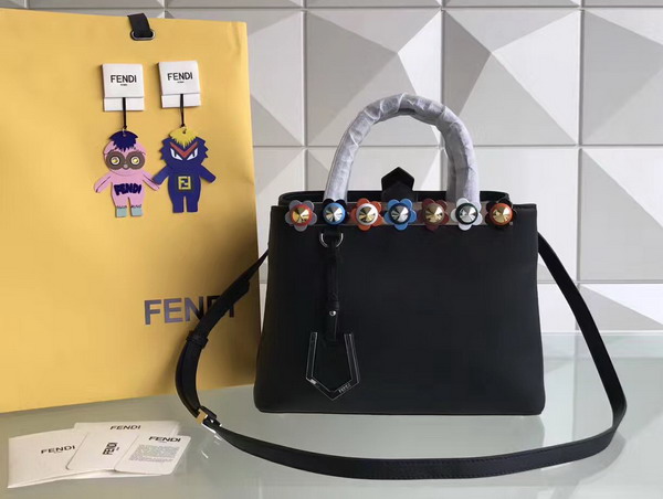 Fendi Petite 2Jours Shopper Bag in Black Leather with Flowers For Sale