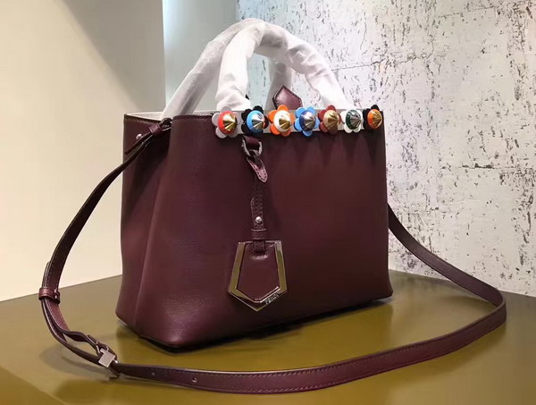 Fendi Petite 2Jours Shopper Bag in Burgundy Leather with Flowers For Sale