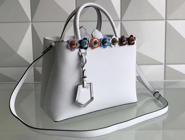 Fendi Petite 2Jours Shopper Bag in White Leather with Flowers For Sale