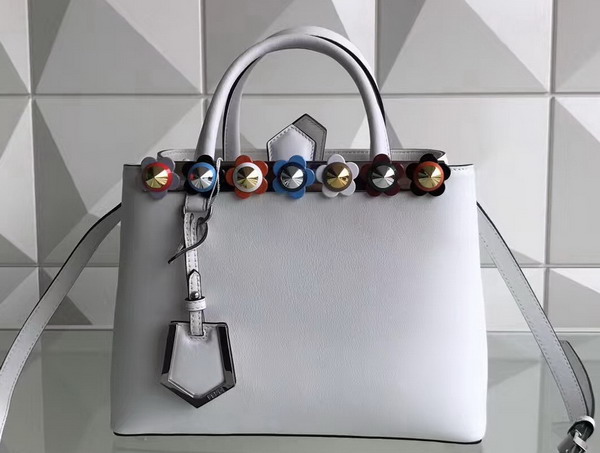 Fendi Petite 2Jours Shopper Bag in White Leather with Flowers For Sale