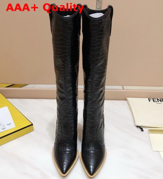 Fendi Pointed Toe Cowboy Boots Black Crocodile Embossed Leather Replica