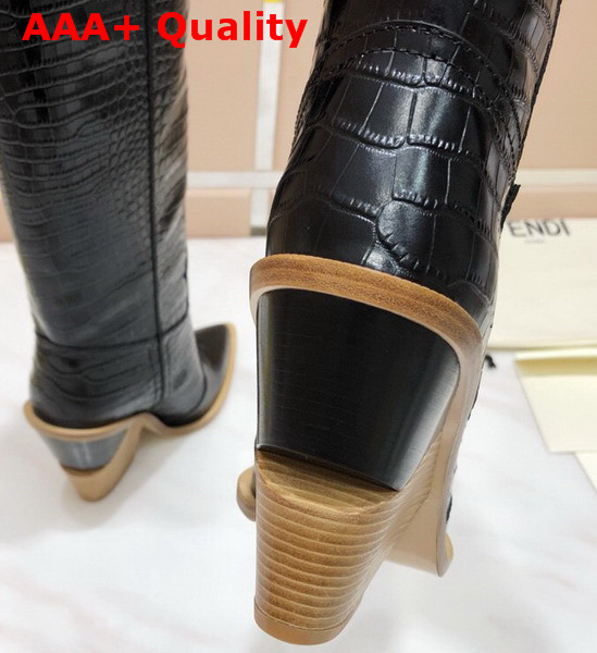 Fendi Pointed Toe Cowboy Boots Black Crocodile Embossed Leather Replica