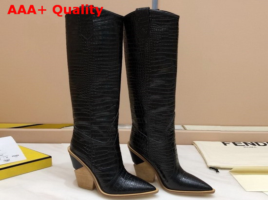 Fendi Pointed Toe Cowboy Boots Black Crocodile Embossed Leather Replica