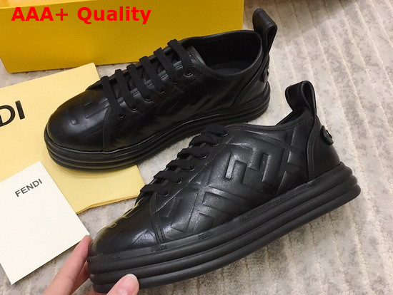 Fendi Rise Black Leather Flatform Sneakers with All Over Embossed FF Motif Replica