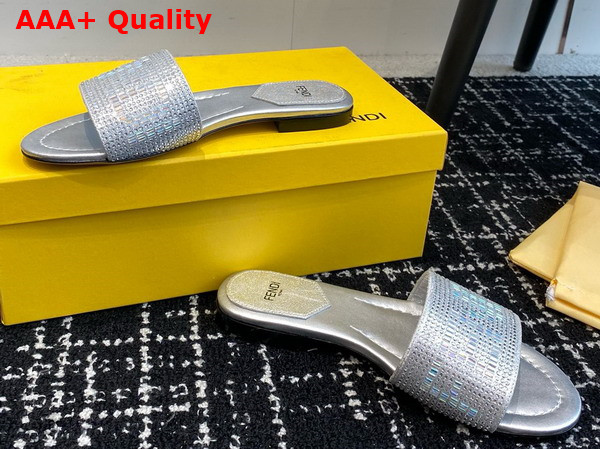 Fendi Signature Silver Colored Leather Slides All Over Silver Rhinestone Embroidery Replica