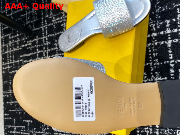 Fendi Signature Silver Colored Leather Slides All Over Silver Rhinestone Embroidery Replica