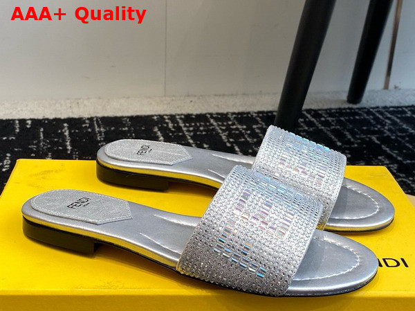 Fendi Signature Silver Colored Leather Slides All Over Silver Rhinestone Embroidery Replica