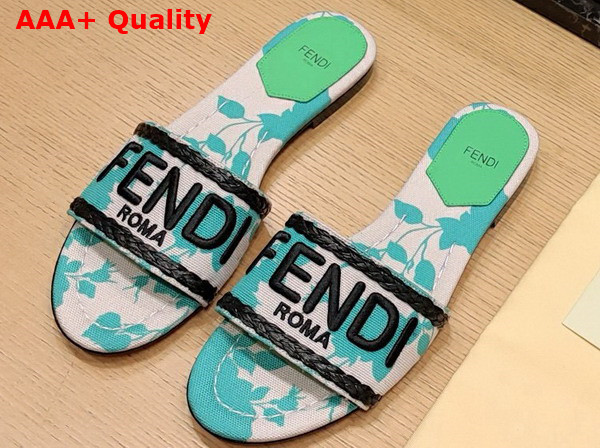 Fendi Signature Slides in Green Printed Denim Replica