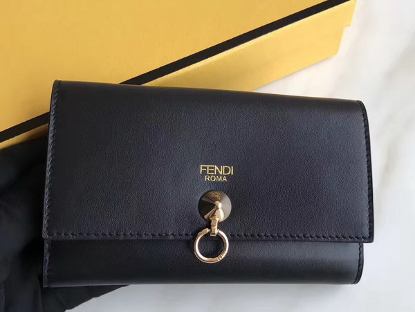 Fendi Slim Continental Wallet in Black Leather with Raw Edges For Sale