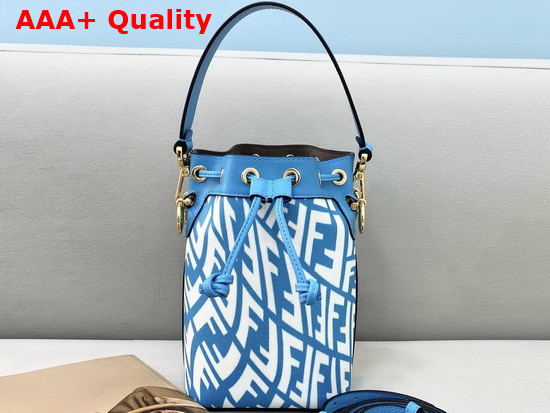 Fendi Small Mon Tresor Bucket Bag Made of Glazed Canvas with Blue and White FF Vertigo Graphic Print Replica