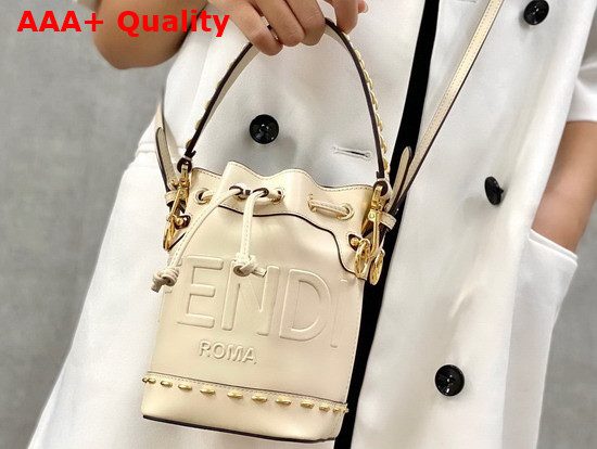 Fendi Small Mon Tresor Bucket Bag in Parchment Colored Leather with Metal Stitch and Embossed FENDI ROMA Lettering Replica