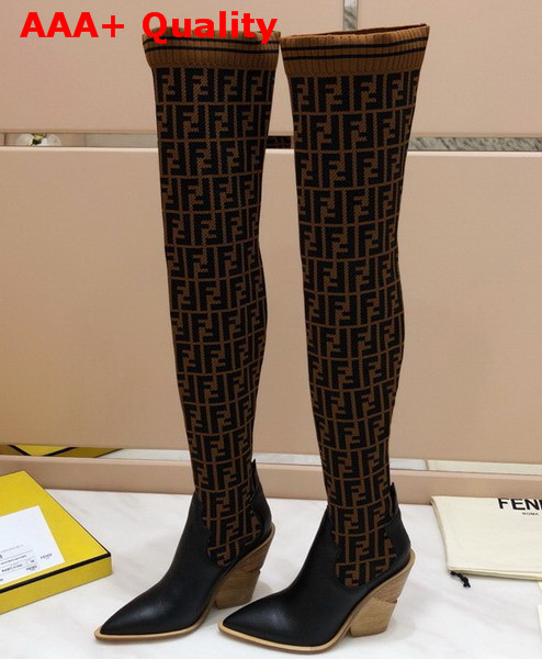 Fendi Stocking and Black Leather Thigh High Boots Brown Replica