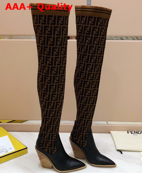 Fendi Stocking and Black Leather Thigh High Boots Brown Replica