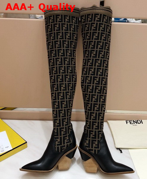 Fendi Stocking and Black Leather Thigh High Boots Kahki Replica