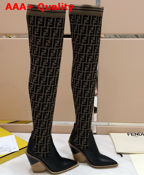 Fendi Stocking and Black Leather Thigh High Boots Kahki Replica