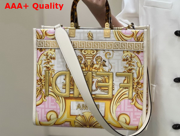 Fendi Sunshine Medium Fendace Printed White Leather Shopper Replica