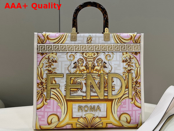 Fendi Sunshine Medium Fendace Printed White Leather Shopper Replica