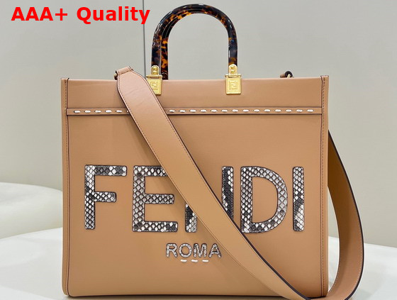 Fendi Sunshine Medium Light Brown Leather and Elaphe Shopper Bag Replica