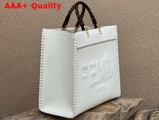 Fendi Sunshine Medium White Leather Shopper with Decorative Stitching Replica