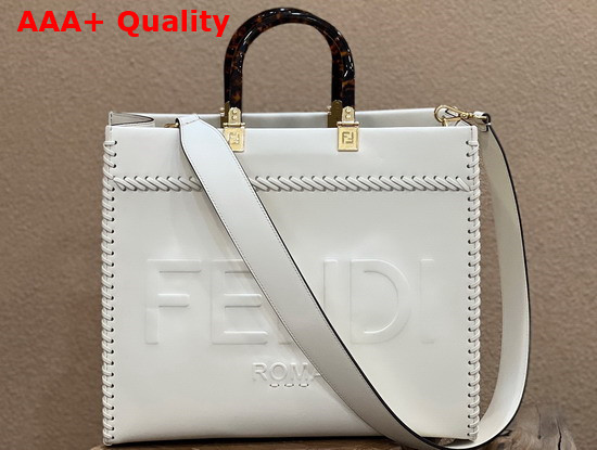 Fendi Sunshine Medium White Leather Shopper with Decorative Stitching Replica