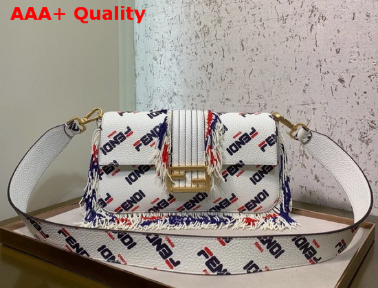 Fendi Tassel Baguette Bag in White Calf Leather with All Over Printed Fendi Logo Replica