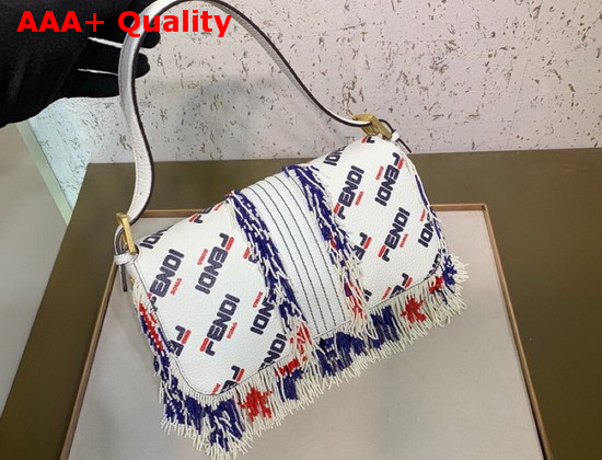 Fendi Tassel Baguette Bag in White Calf Leather with All Over Printed Fendi Logo Replica