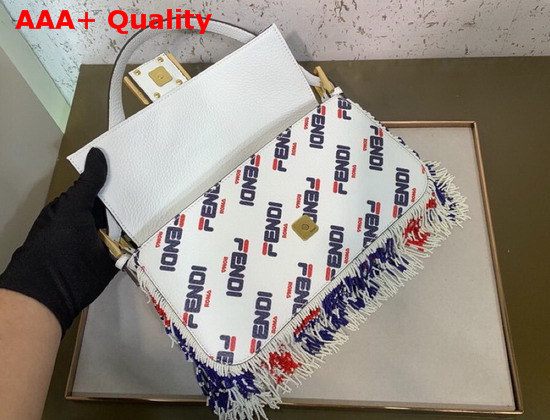 Fendi Tassel Baguette Bag in White Calf Leather with All Over Printed Fendi Logo Replica