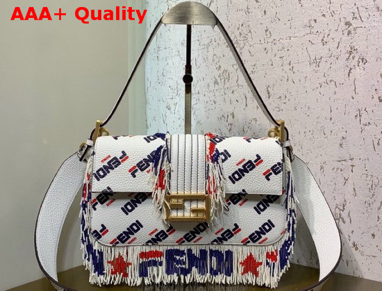 Fendi Tassel Baguette Bag in White Calf Leather with All Over Printed Fendi Logo Replica