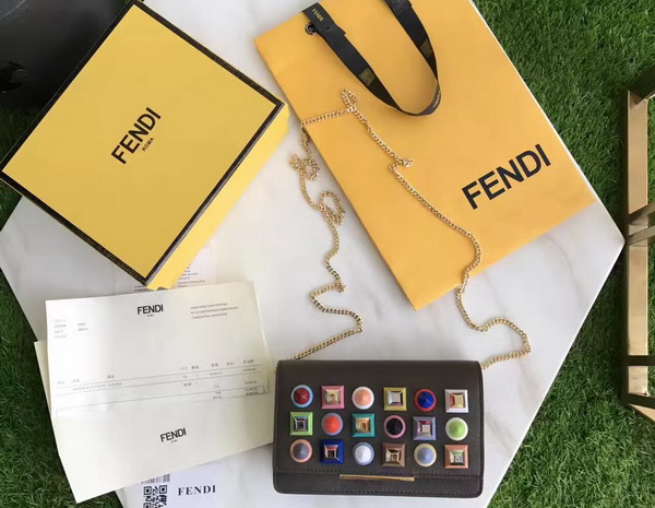 Fendi Wallet On Chain in Coal Coloured Leather with Multicoloured Studs For Sale