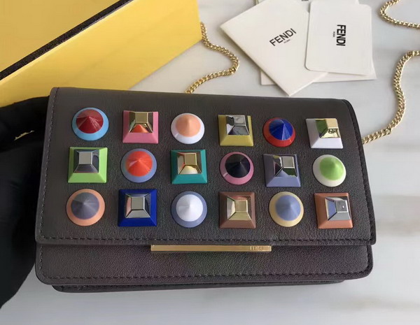 Fendi Wallet On Chain in Coal Coloured Leather with Multicoloured Studs For Sale