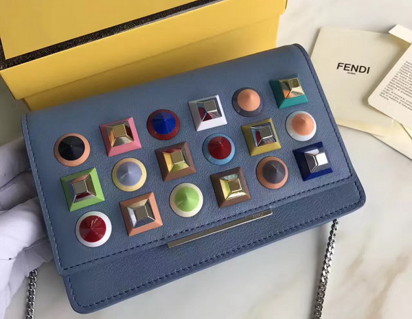 Fendi Wallet On Chain in Light Blue Leather with Multicoloured Studs For Sale