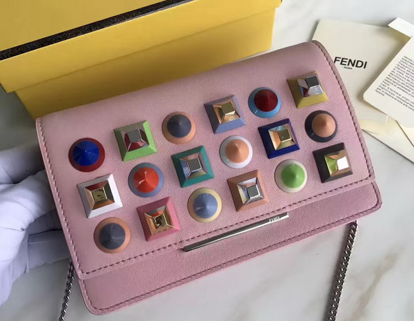 Fendi Wallet On Chain in Pink Leather with Multicoloured Studs For Sale