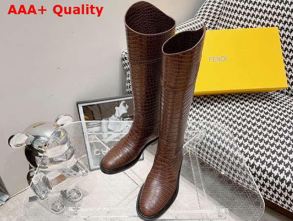 Fendi Women Boots in Brown Crocodile Embossed Calfskin Replica