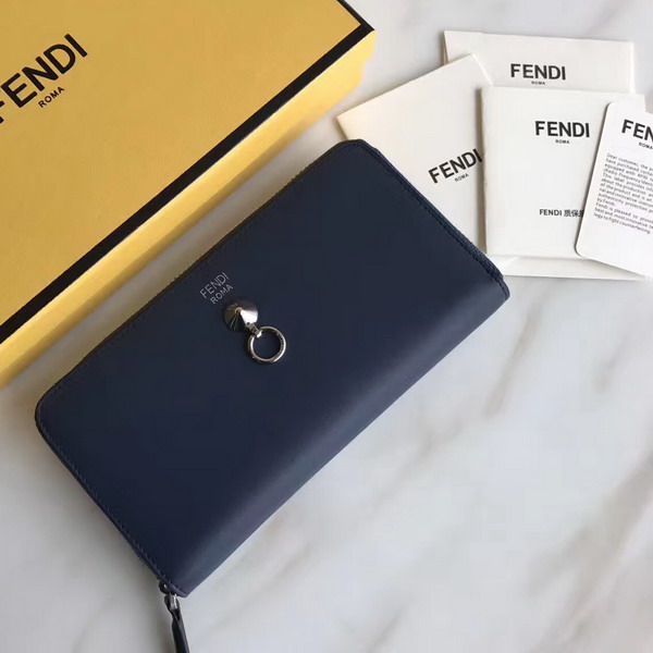 Fendi Zip Around Wallet in Midnight Blue Calfskin Leather For Sale