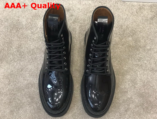 Givenchy Combat Boots Shoes in Shiny Black Leather with Givenchy Print Replica