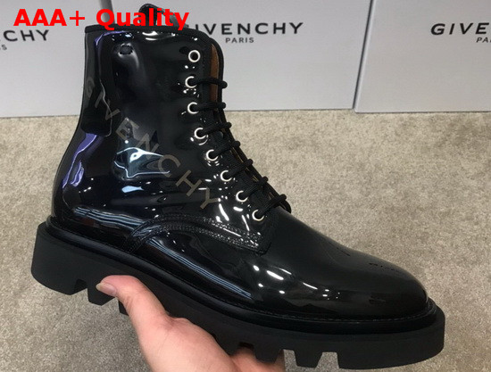 Givenchy Combat Boots Shoes in Shiny Black Leather with Givenchy Print Replica