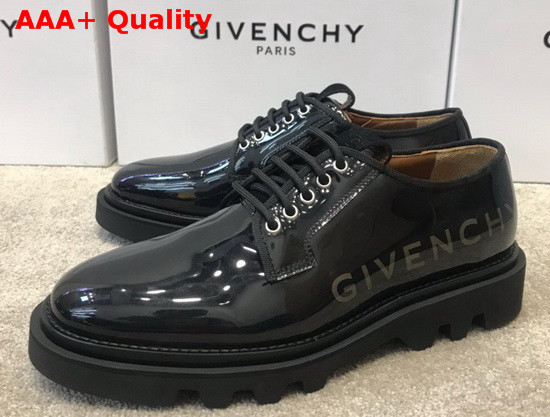 Givenchy Combat Derby Shoes in Shiny Black Leather with Givenchy Print Replica