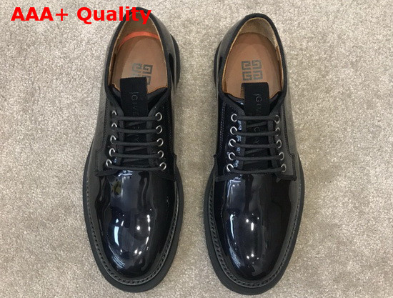 Givenchy Combat Derby Shoes in Shiny Black Leather with Givenchy Print Replica