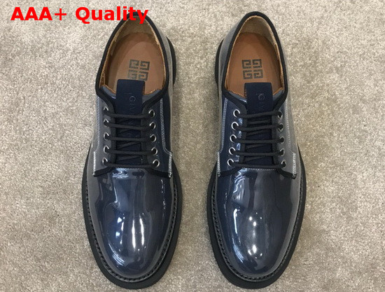 Givenchy Combat Derby Shoes in Shiny Blue Leather with Givenchy Print Replica