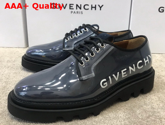 Givenchy Combat Derby Shoes in Shiny Blue Leather with Givenchy Print Replica